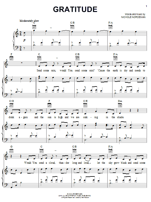 Learn to play Nichole Nordeman Gratitude sheet music for Piano, Vocal & Guitar (Right-Hand Melody) in minutes. Nichole Nordeman Gratitude sheet music notes and chords. Download Printable PDF.