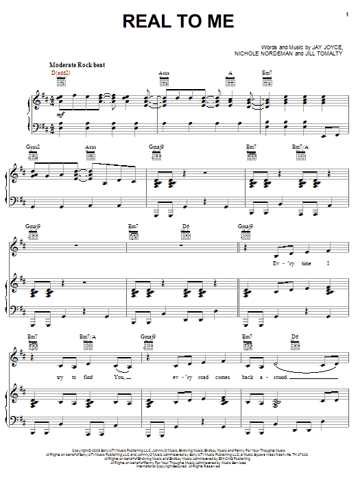Learn to play Nichole Nordeman Real To Me sheet music for Easy Lead Sheet / Fake Book in minutes. Price: 5.9900$ Nichole Nordeman Real To Me sheet music notes and chords arranged for Easy Lead Sheet / Fake Book