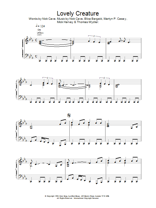 Nick Cave Lovely Creature sheet music for Piano, Vocal & Guitar (Right-Hand Melody) in minutes. Price: 7.8900$ Nick Cave Lovely Creature sheet music notes and chords. Download Printable PDF.
