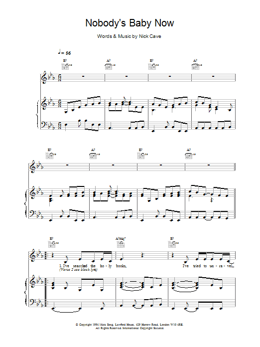 Learn to play Nick Cave Nobody's Baby Now sheet music for Piano, Vocal & Guitar in minutes. Price: 7.8900$ Nick Cave Nobody's Baby Now sheet music notes and chords. Download Printable PDF.