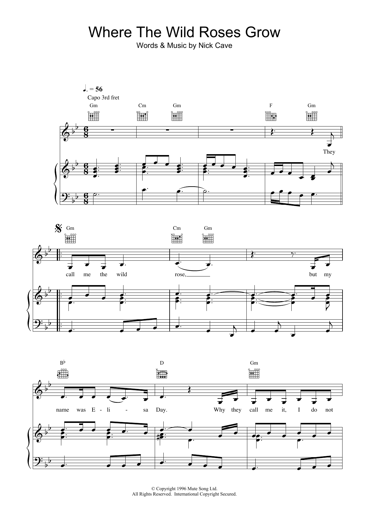 Nick Cave Where The Wild Roses Grow sheet music notes and chords. Download Printable PDF.