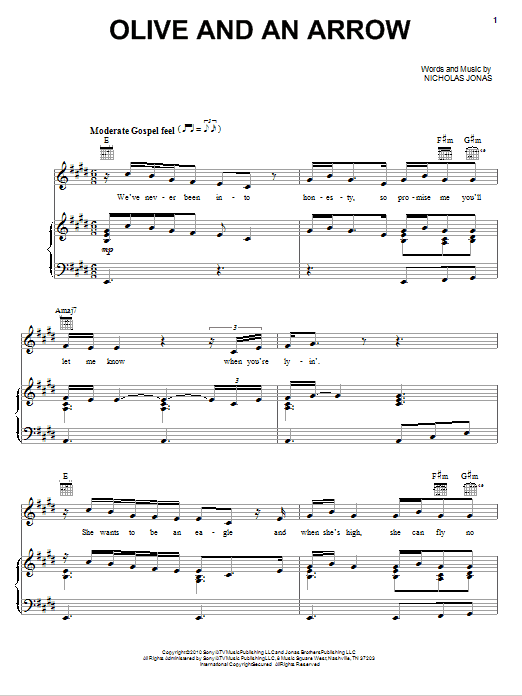 Learn to play Nick Jonas & The Administration Olive And An Arrow sheet music for Piano, Vocal & Guitar Chords (Right-Hand Melody) in minutes. Price: 6.9900$ Nick Jonas & The Administration Olive And An Arrow sheet music notes and chords arranged for Piano, Vocal & Guitar Chords (Right-Hand Melody)