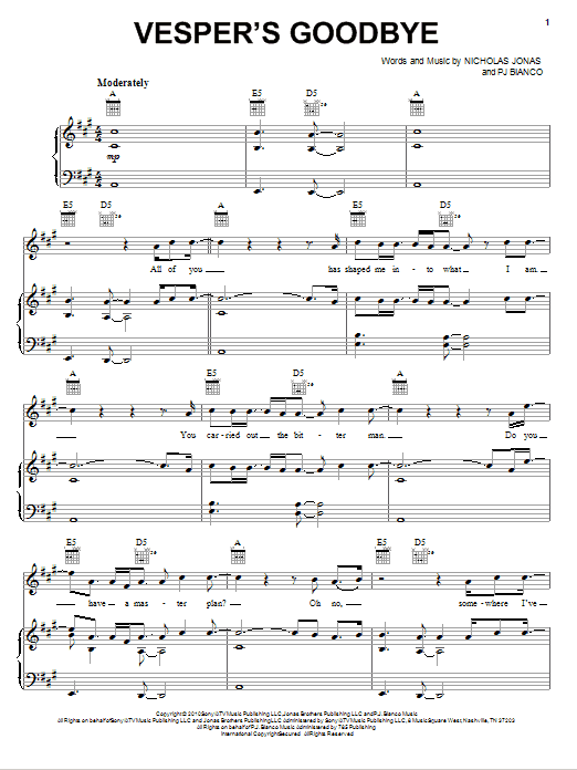 Learn to play Nick Jonas & The Administration Vesper's Goodbye sheet music for Piano, Vocal & Guitar Chords (Right-Hand Melody) in minutes. Price: 6.9900$ Nick Jonas & The Administration Vesper's Goodbye sheet music notes and chords arranged for Piano, Vocal & Guitar Chords (Right-Hand Melody)
