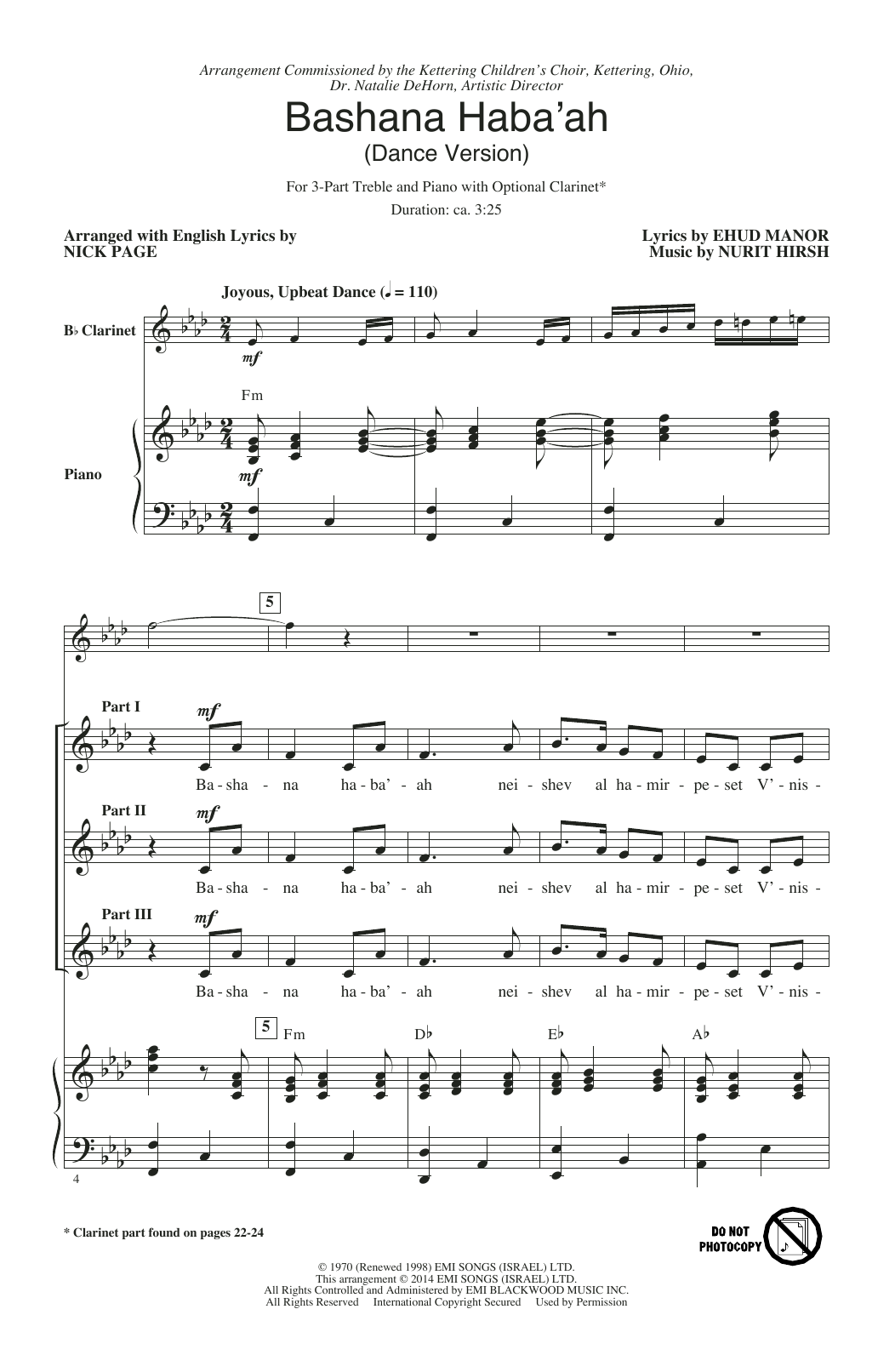 Nurit Hirsh Bashana Haba 'Ah (arr. Nick Page) sheet music notes and chords. Download Printable PDF.