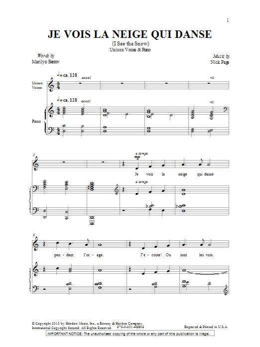 Nick Page Je Vois La Neige Qui Danse sheet music notes and chords. Download Printable PDF.