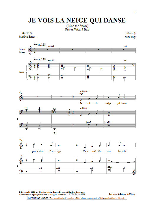Learn to play Nick Page Je Vois La Neige Qui Danse sheet music for Unison Choir in minutes. Price: 3.9900$ Nick Page Je Vois La Neige Qui Danse sheet music notes and chords arranged for Unison Choir