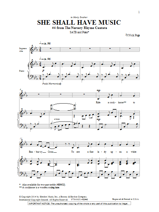 Learn to play Nick Page She Shall Have Music sheet music for SATB Choir in minutes. Price: 3.9900$ Nick Page She Shall Have Music sheet music notes and chords arranged for SATB Choir
