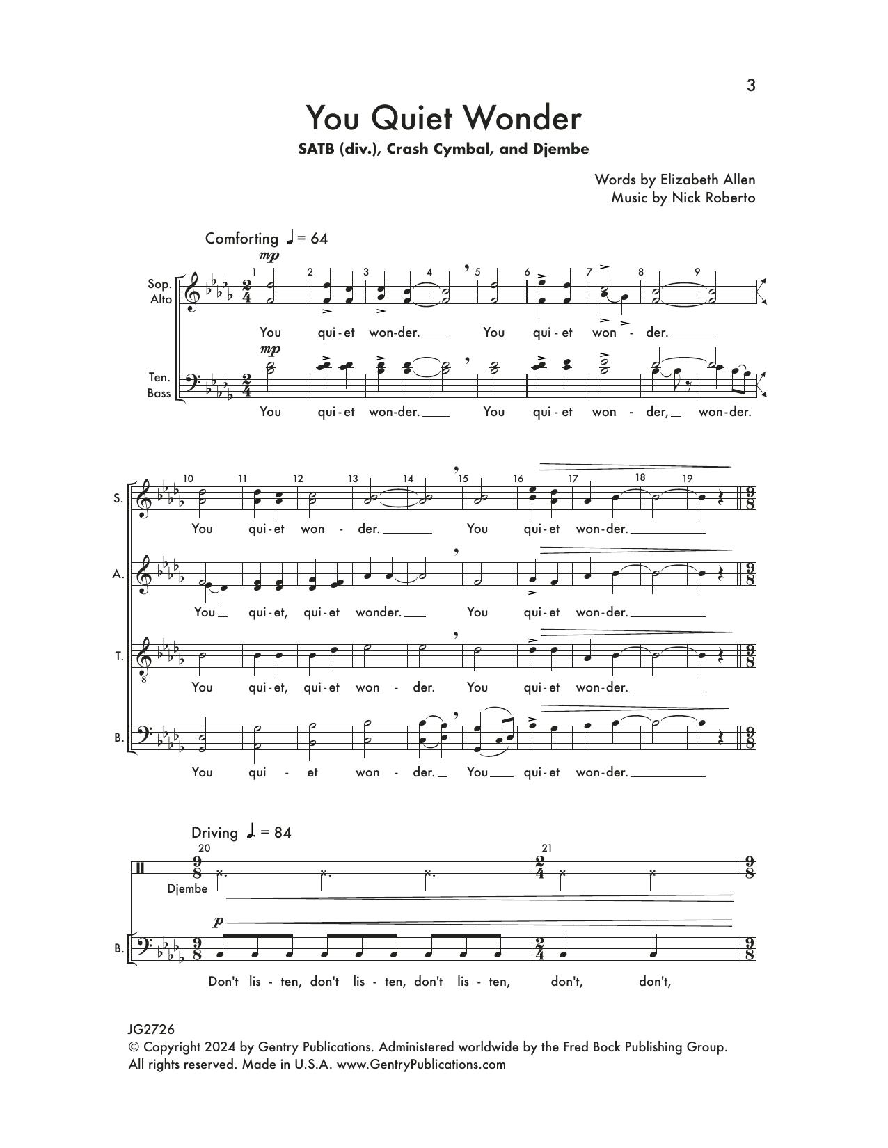 Nick Roberto You Quiet Wonder sheet music notes and chords. Download Printable PDF.