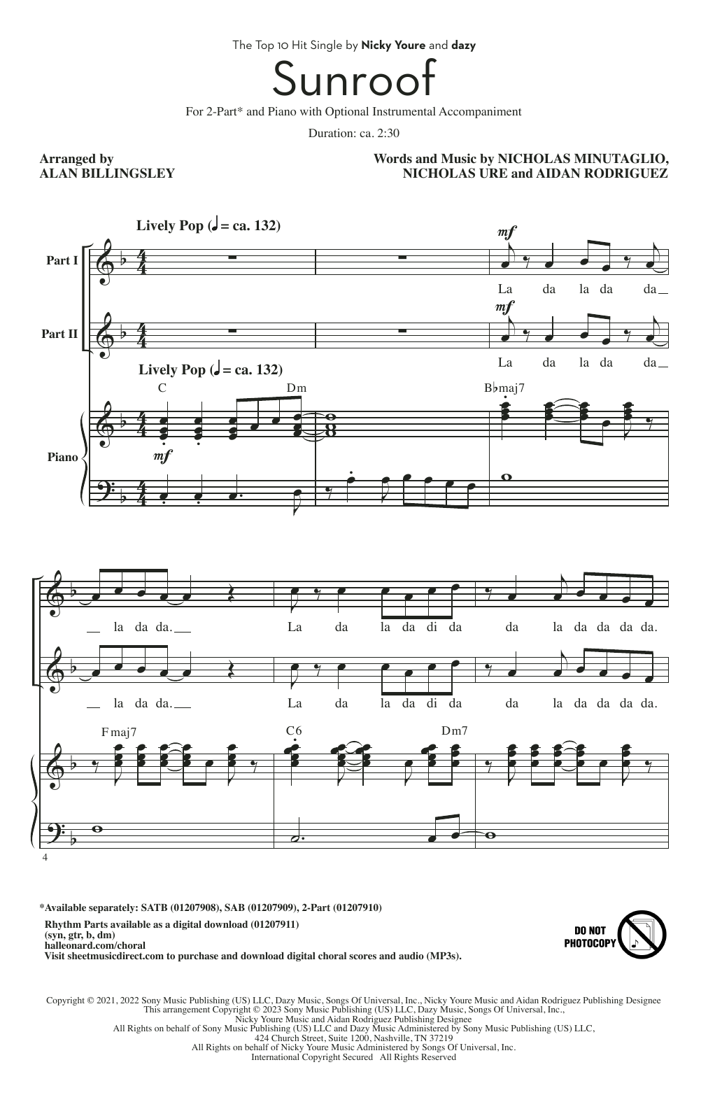 Nicky Youre & dazy "Sunroof (arr. Alan Billingsley)" Sheet Music PDF