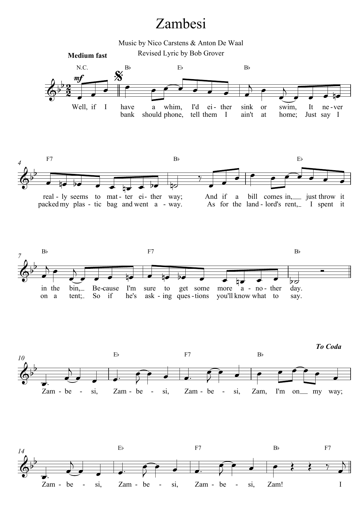 Nico Carstens Zambesi sheet music notes and chords. Download Printable PDF.