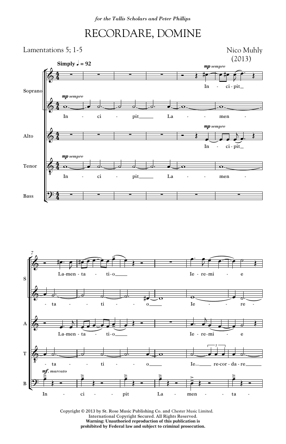 Learn to play Nico Muhly Recordare, Domine sheet music for SATB Choir in minutes. Price: 3.9900$ Nico Muhly Recordare, Domine sheet music notes and chords arranged for SATB Choir