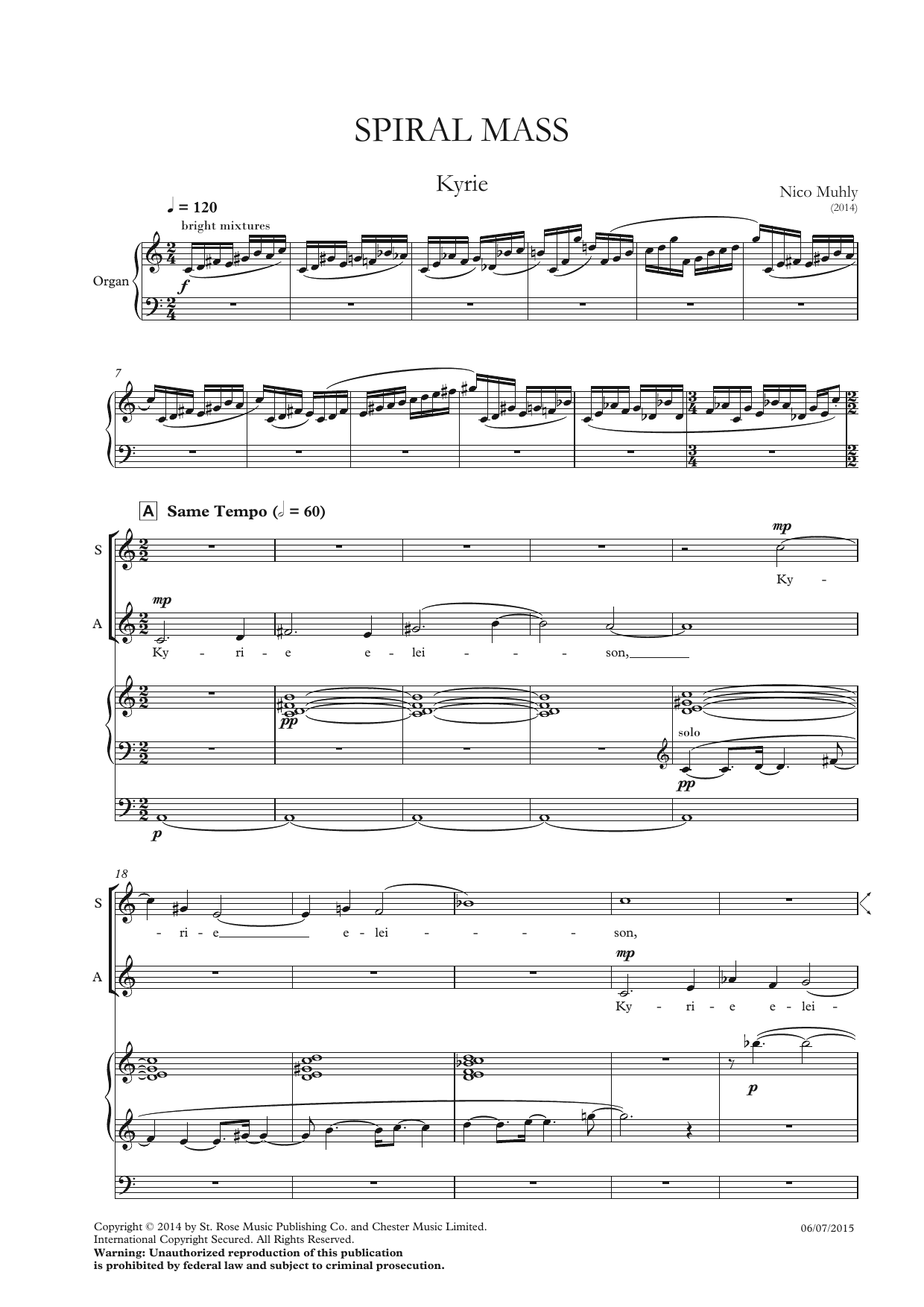 Nico Muhly Spiral Mass sheet music notes and chords. Download Printable PDF.