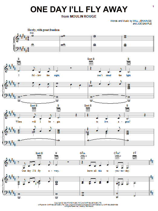 Nicole Kidman One Day I'll Fly Away (from Moulin Rouge) sheet music notes and chords. Download Printable PDF.
