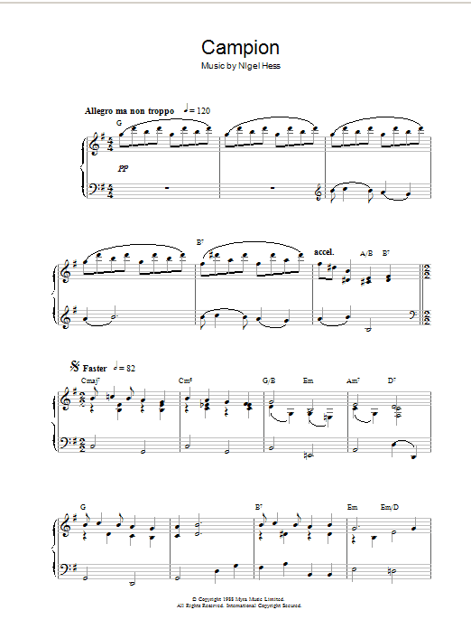 Learn to play Nigel Hess Campion (Theme from the BBC TV series) sheet music for Piano Solo in minutes. Nigel Hess Campion (Theme from the BBC TV series) sheet music notes and chords. Download Printable PDF.