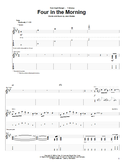 Night Ranger Four In The Morning sheet music notes and chords arranged for Guitar Tab