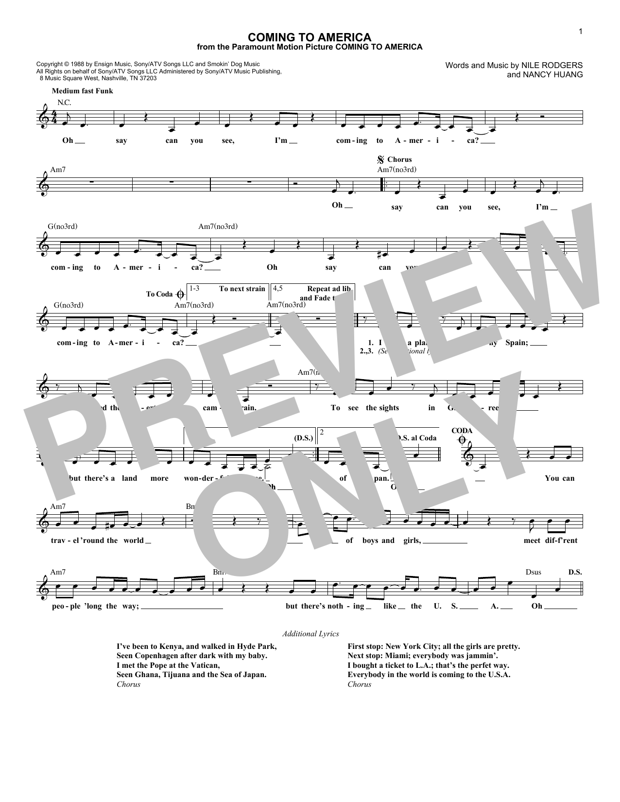 Nile Rodgers Coming To America sheet music notes and chords. Download Printable PDF.