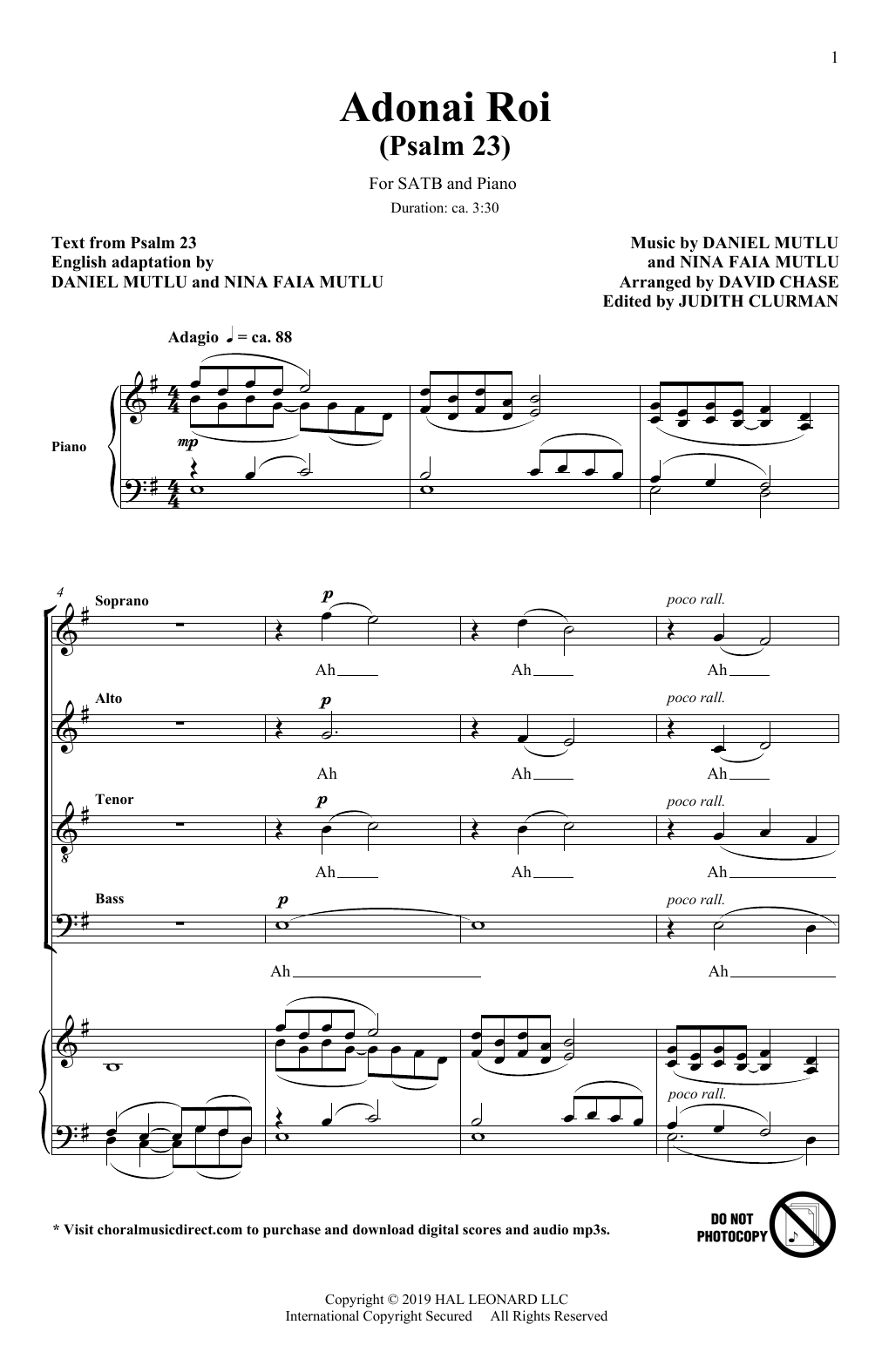 Learn to play Nina Faia Mutlu and Daniel Mutlu Adonai Roi (Psalm 23) (Rejoice: Honoring the Jewish Spirit) (arr. David Chase) sheet music for SATB Choir in minutes. Price: 3.9900$ Nina Faia Mutlu and Daniel Mutlu Adonai Roi (Psalm 23) (Rejoice: Honoring the Jewish Spirit) (arr. David Chase) sheet music notes and chords arranged for SATB Choir