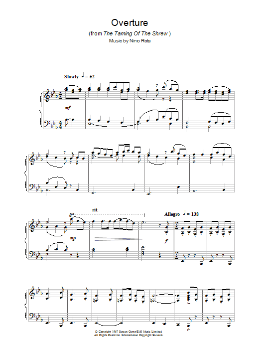 Learn to play Nino Rota Overture (from The Taming Of The Shrew) sheet music for Piano Solo in minutes. Nino Rota Overture (from The Taming Of The Shrew) sheet music notes and chords. Download Printable PDF.