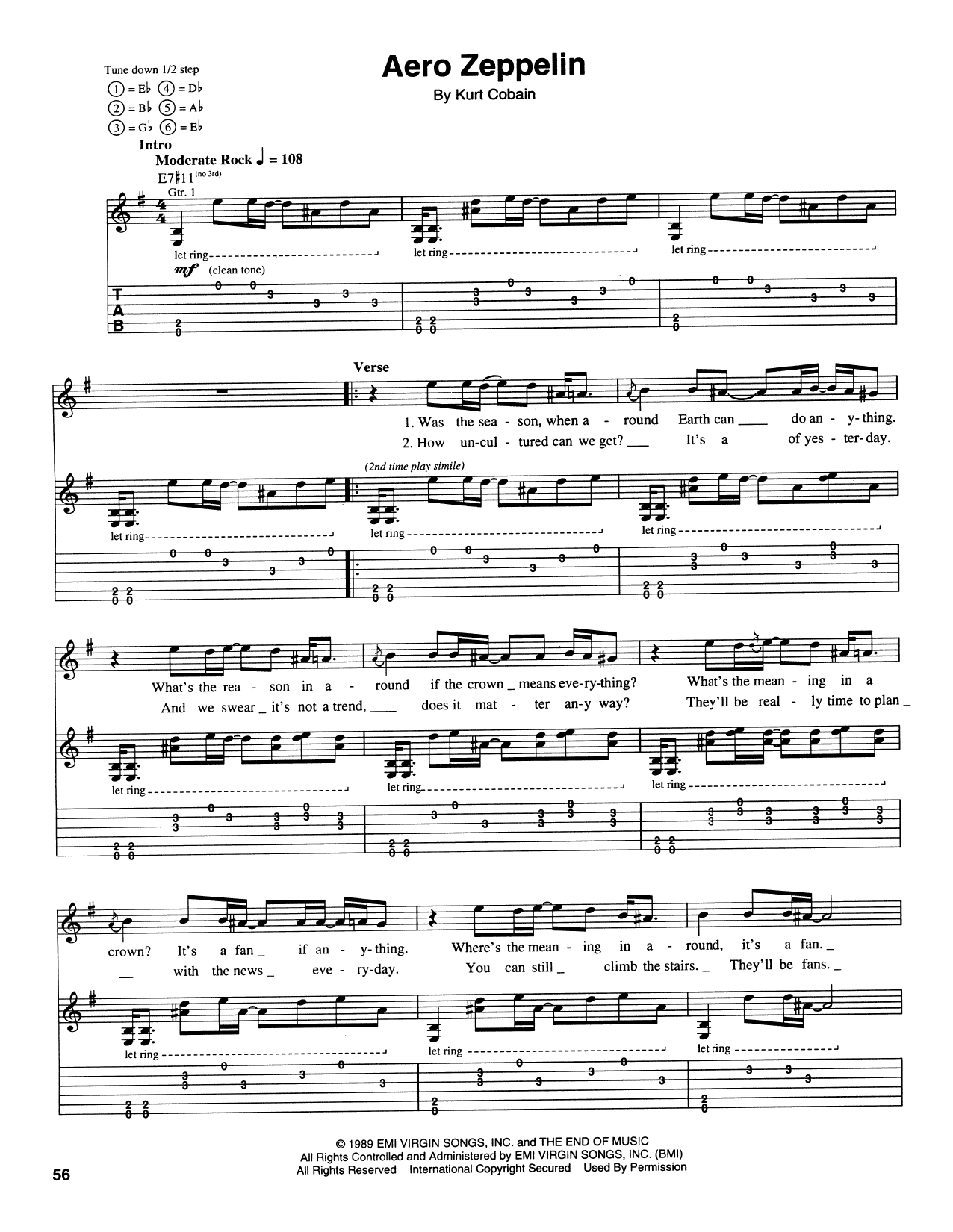 Nirvana Aero Zeppelin sheet music notes and chords. Download Printable PDF.