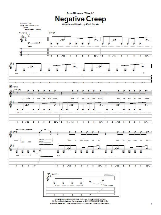 Nirvana Negative Creep sheet music notes and chords - Download Printable PDF and start playing in minutes.