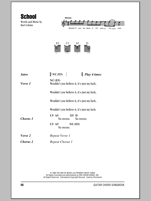 Nirvana School sheet music notes and chords. Download Printable PDF.