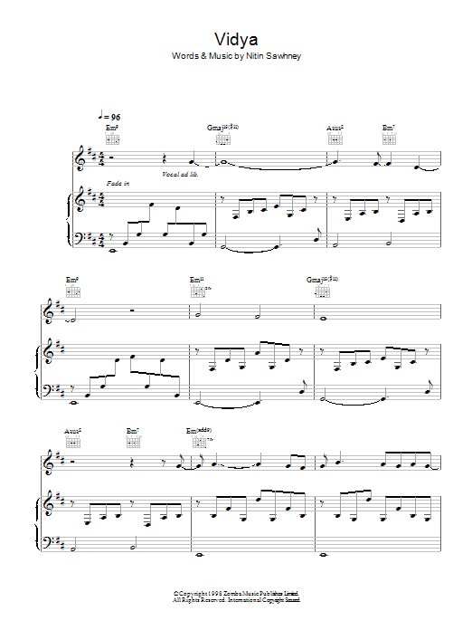 Nitin Sawhney Vidya sheet music notes and chords. Download Printable PDF.