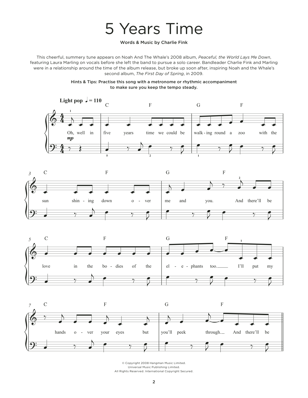 Noah And The Whale 5 Years Time sheet music notes and chords. Download Printable PDF.