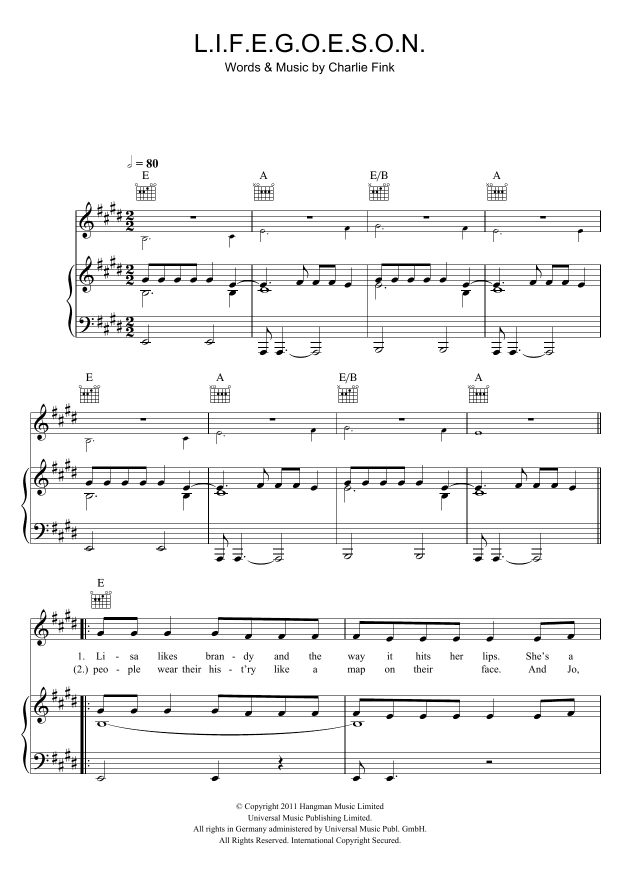 Noah And The Whale L.I.F.E.G.O.E.S.O.N. sheet music notes and chords. Download Printable PDF.