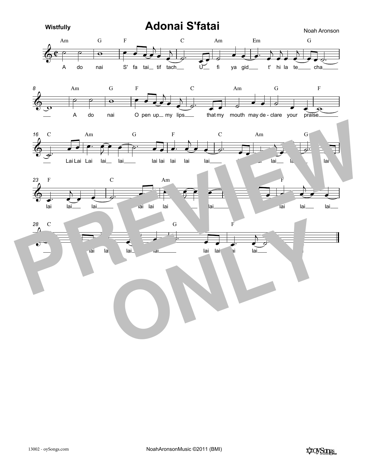 Noah Aronson Adonai S'fatai sheet music notes and chords. Download Printable PDF.