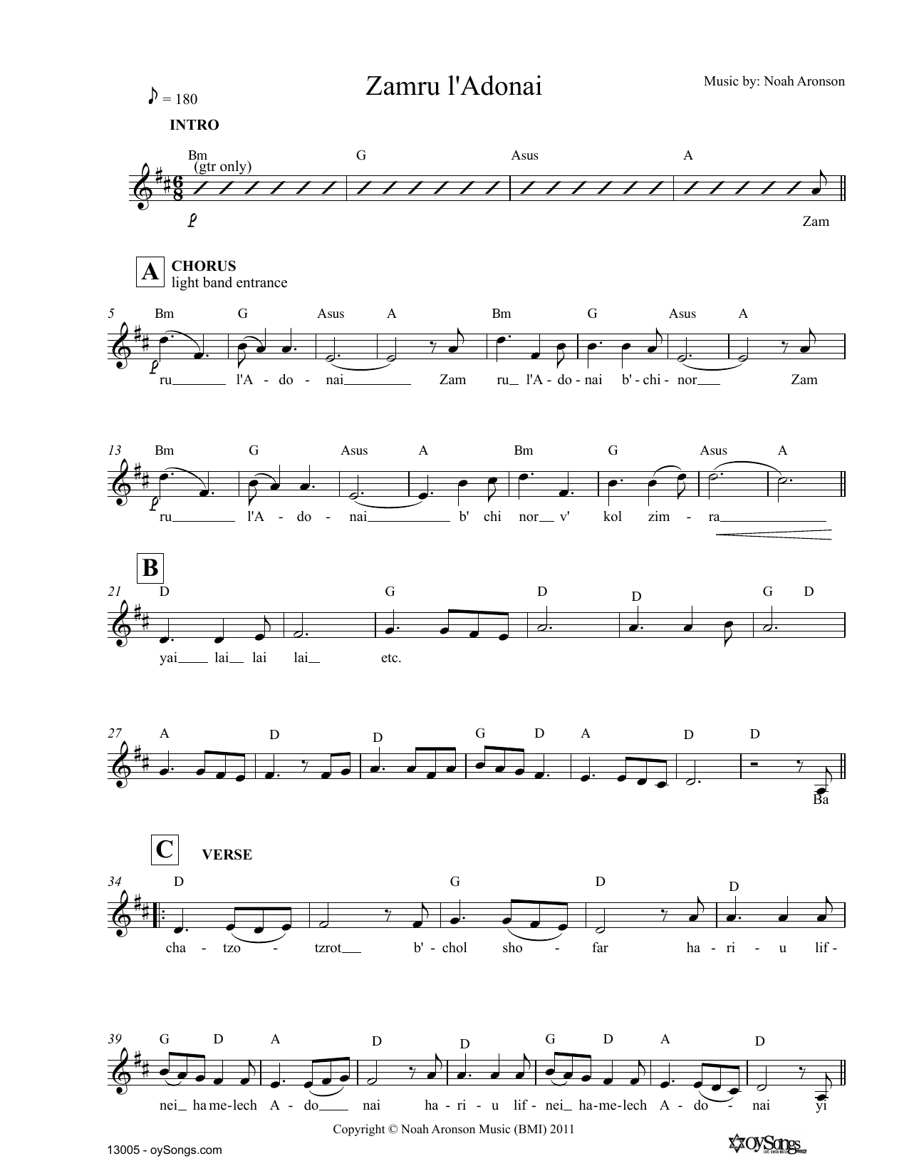 Noah Aronson Zamru l'Adonai sheet music notes and chords. Download Printable PDF.