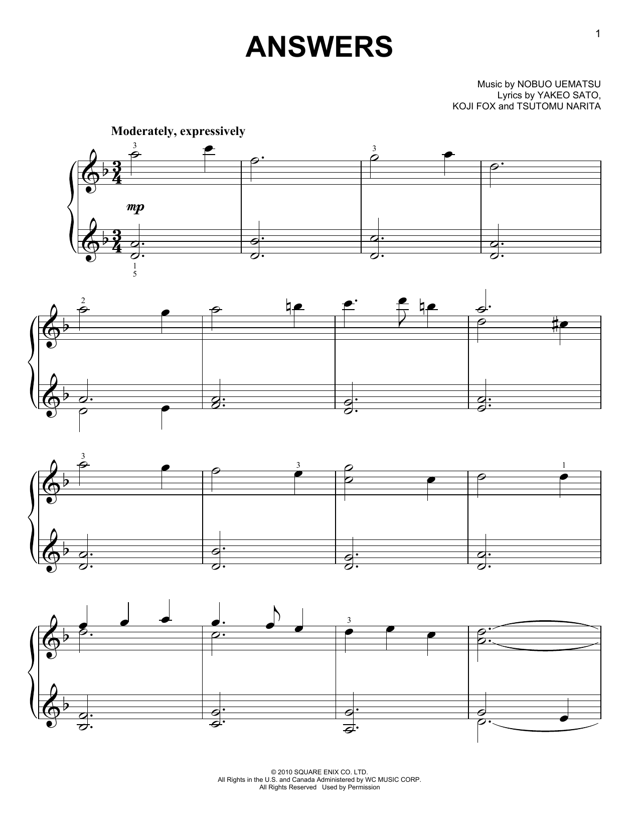 Learn to play Nobuo Uematsu Answers (from Final Fantasy XIV) sheet music for Easy Piano in minutes. Price: 6.9900$ Nobuo Uematsu Answers (from Final Fantasy XIV) sheet music notes and chords arranged for Easy Piano