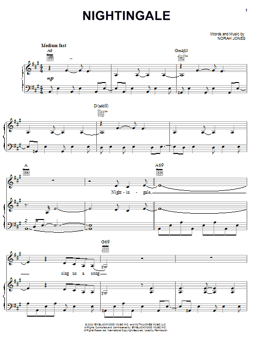 Norah Jones Nightingale sheet music notes and chords. Download Printable PDF.