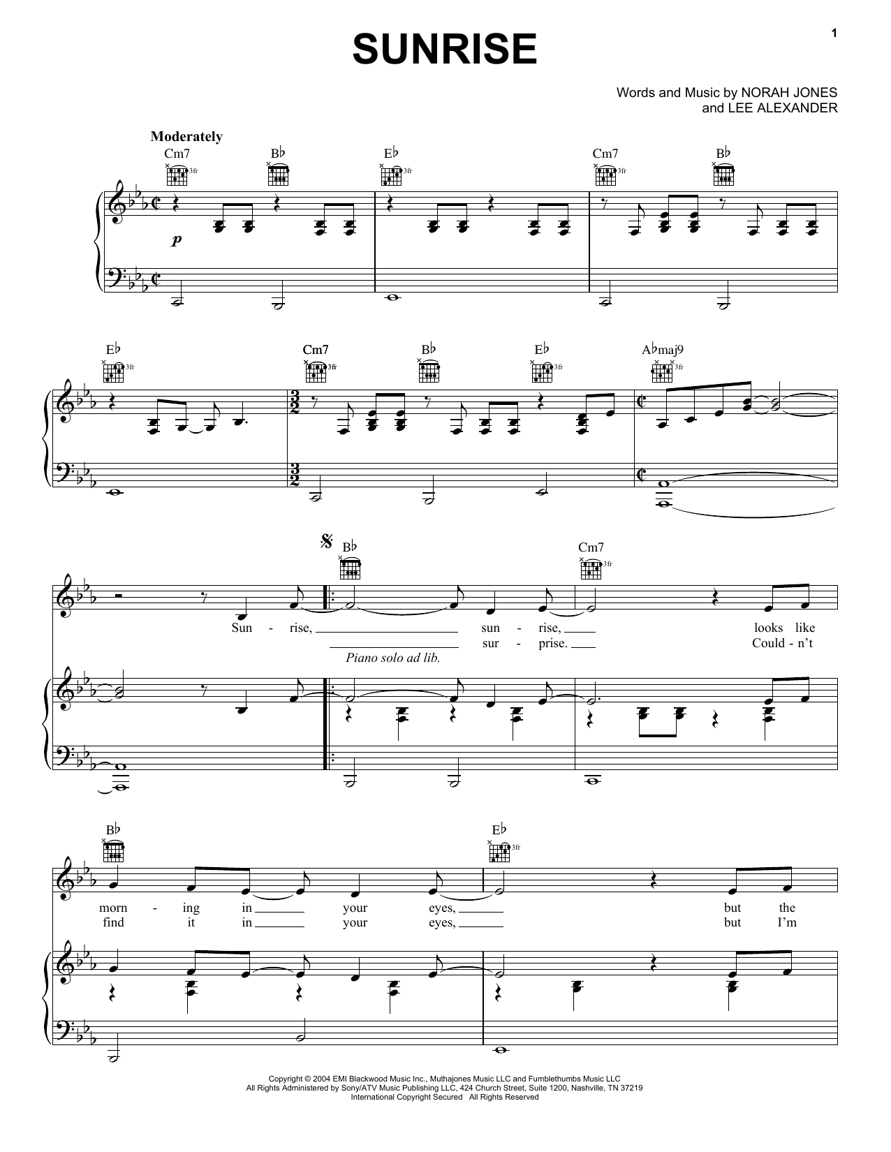 Norah Jones Sunrise sheet music notes and chords - Download Printable PDF and start playing in minutes.