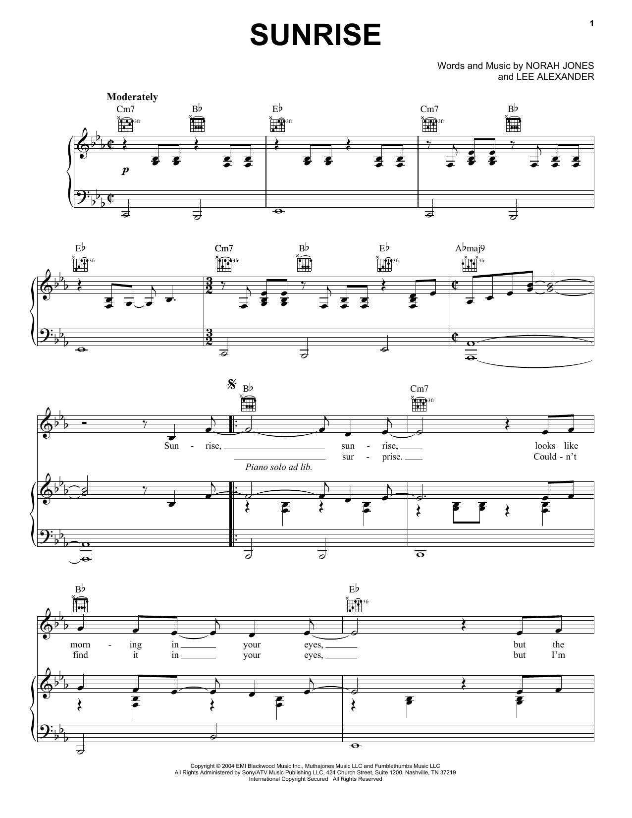 Norah Jones Sunrise sheet music notes and chords. Download Printable PDF.