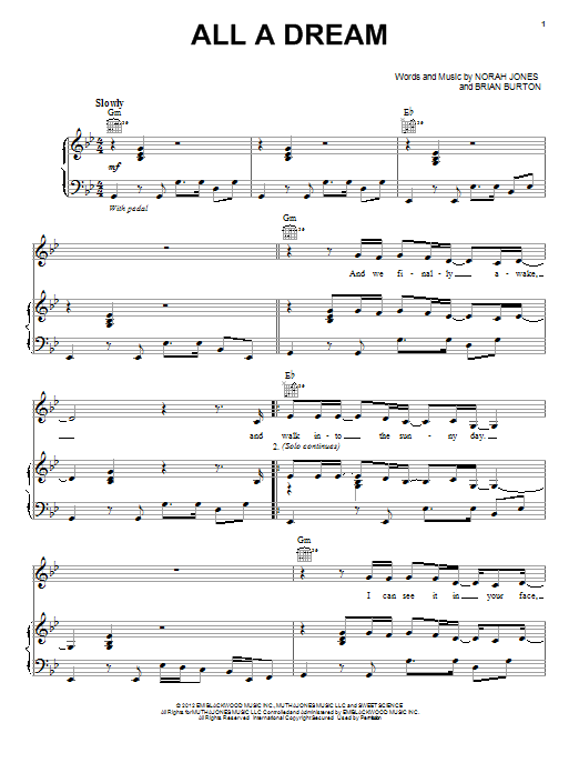 Learn to play Norah Jones All A Dream sheet music for Piano, Vocal & Guitar (Right-Hand Melody) in minutes. Price: 6.9900$ Norah Jones All A Dream sheet music notes and chords. Download Printable PDF.