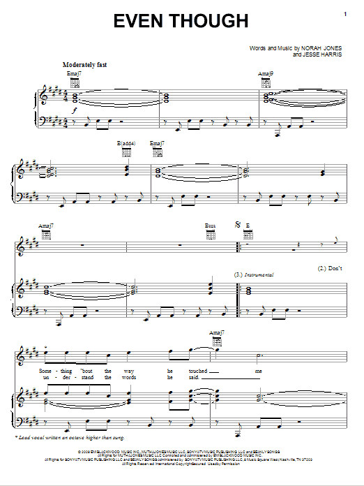 Norah Jones Even Though sheet music notes and chords. Download Printable PDF.