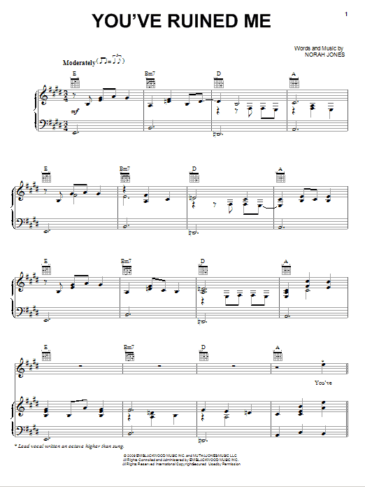 Learn to play Norah Jones You've Ruined Me sheet music for Piano, Vocal & Guitar (Right-Hand Melody) in minutes. Price: 6.9900$ Norah Jones You've Ruined Me sheet music notes and chords. Download Printable PDF.