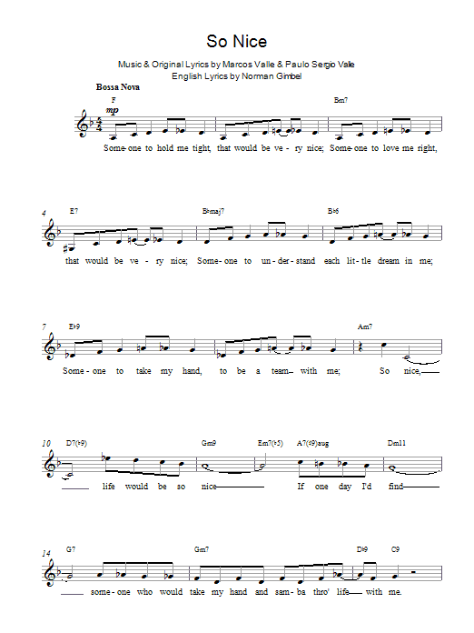 Paulo Sergio Valle So Nice sheet music notes and chords. Download Printable PDF.