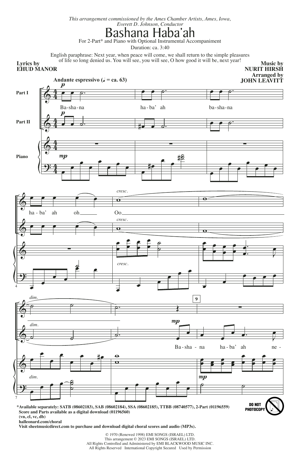 Learn to play Nurit Hirsh Bashana Haba'ah (arr. John Leavitt) sheet music for SSA Choir in minutes. Price: 3.9900$ Nurit Hirsh Bashana Haba'ah (arr. John Leavitt) sheet music notes and chords arranged for SSA Choir