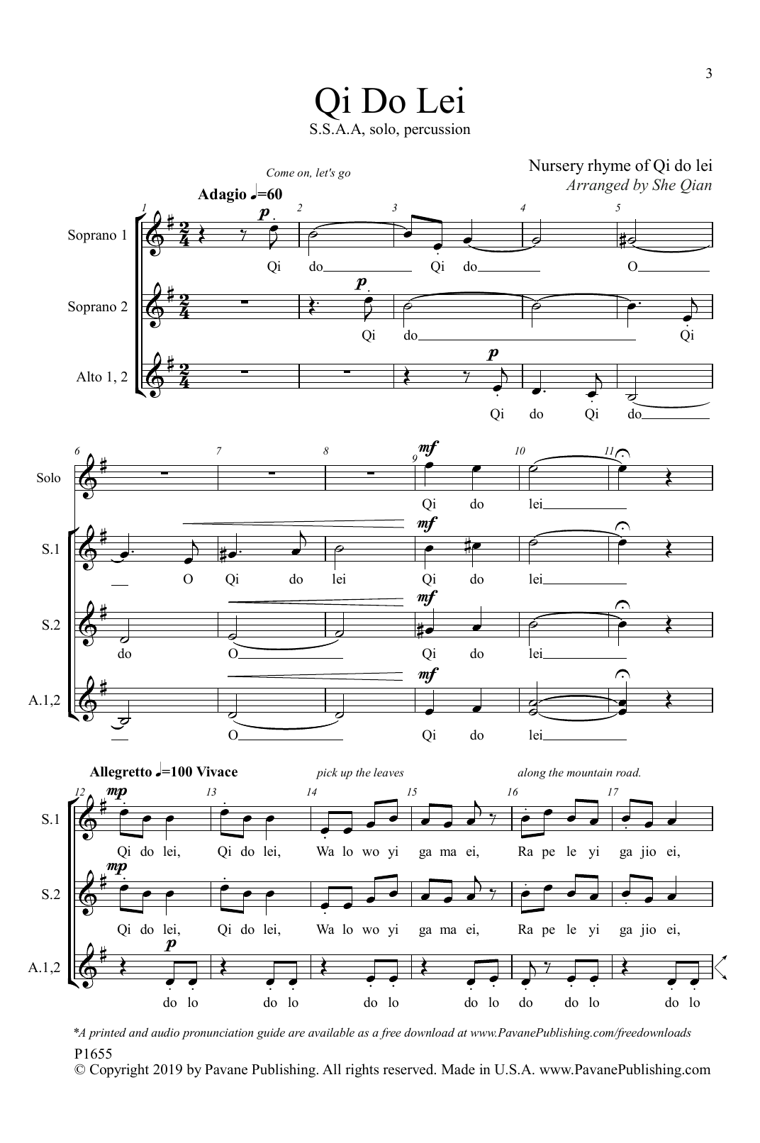Learn to play Nursery rhyme of Qi do lei Qi Do Lei (arr. She Qian) sheet music for SSA Choir in minutes. Price: 3.9900$ Nursery rhyme of Qi do lei Qi Do Lei (arr. She Qian) sheet music notes and chords arranged for SSA Choir