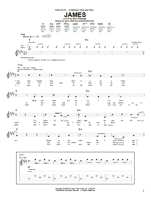 Learn to play O.A.R. James sheet music for Guitar Tab in minutes. Price: 6.9900$ O.A.R. James sheet music notes and chords. Download Printable PDF.