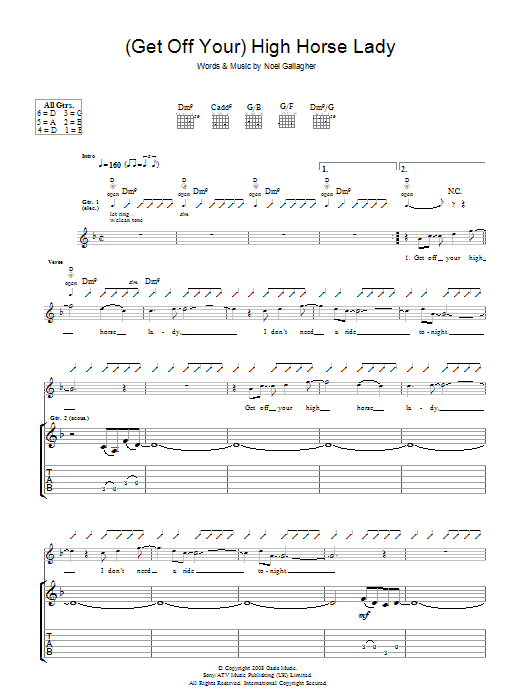 Learn to play Oasis (Get Off Your) High Horse Lady sheet music for Guitar Tab in minutes. Price: 7.8900$ Oasis (Get Off Your) High Horse Lady sheet music notes and chords arranged for Guitar Tab