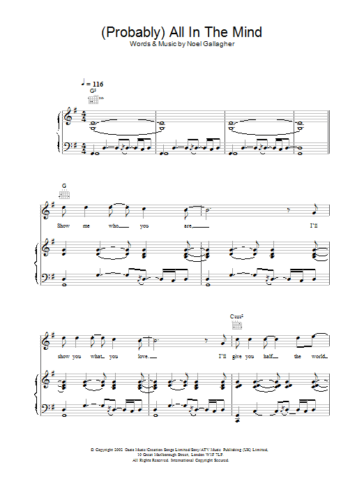 Learn to play Oasis (Probably) All In The Mind sheet music for Piano, Vocal & Guitar in minutes. Price: 7.7900$ Oasis (Probably) All In The Mind sheet music notes and chords. Download Printable PDF.