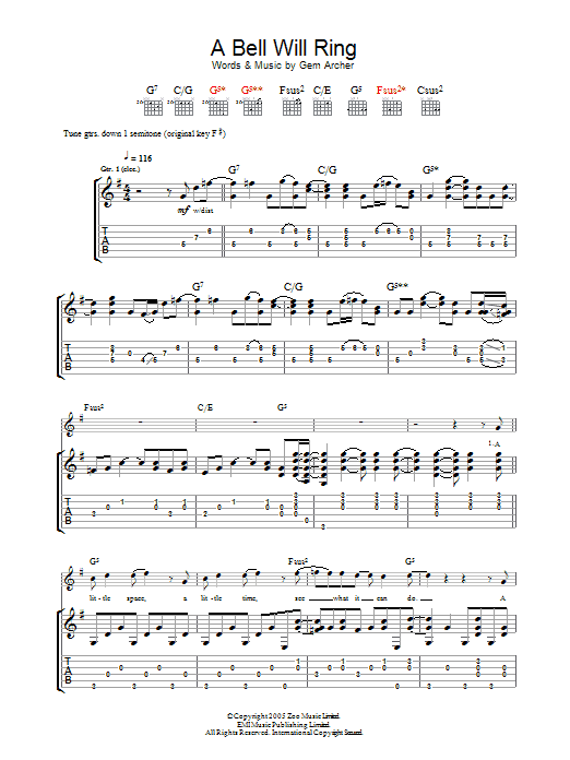 Oasis A Bell Will Ring sheet music notes and chords. Download Printable PDF.