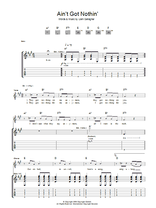 Learn to play Oasis Ain't Got Nothin' sheet music for Lead Sheet / Fake Book in minutes. Price: 5.9900$ Oasis Ain't Got Nothin' sheet music notes and chords arranged for Lead Sheet / Fake Book