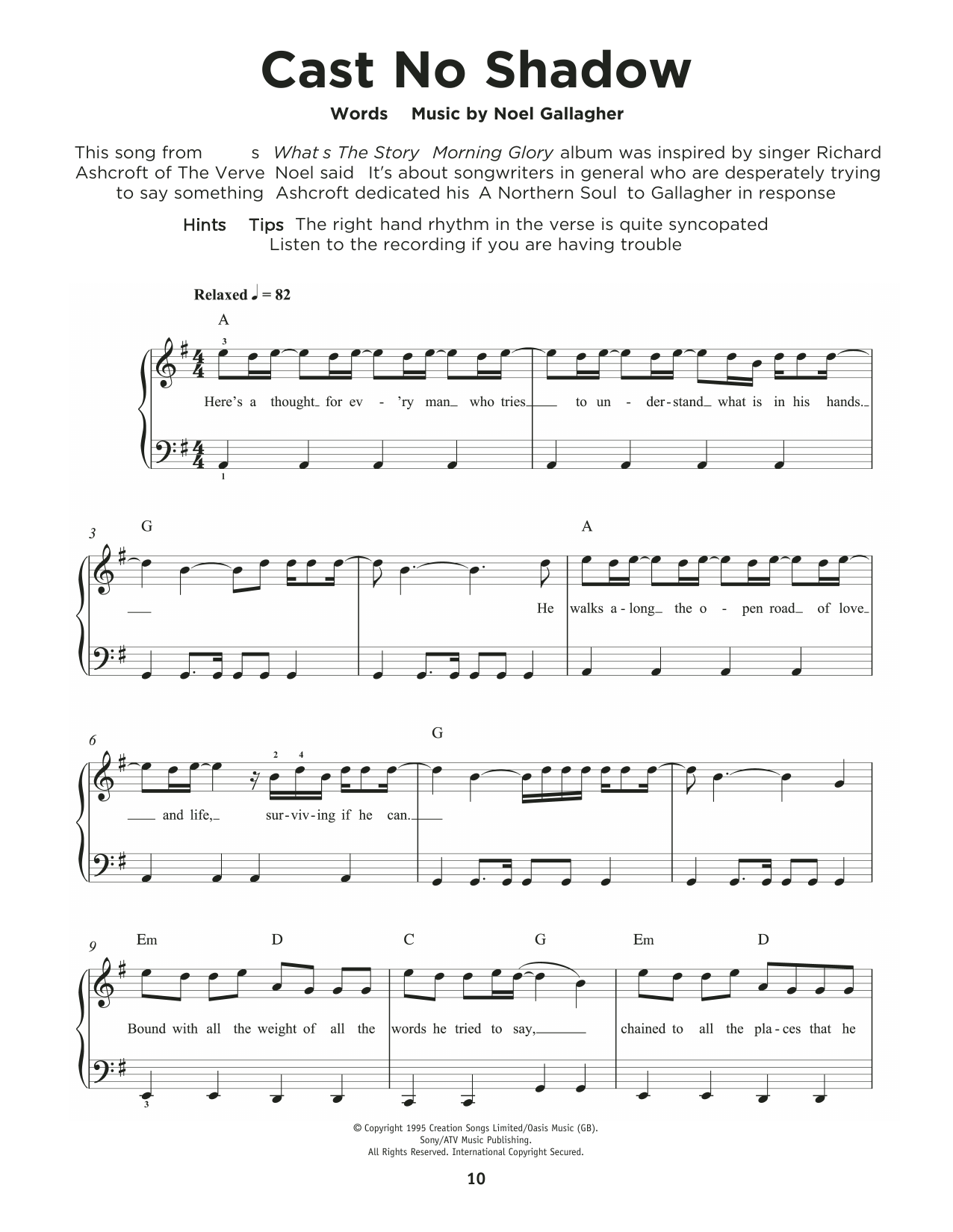 Oasis Cast No Shadow sheet music notes and chords. Download Printable PDF.