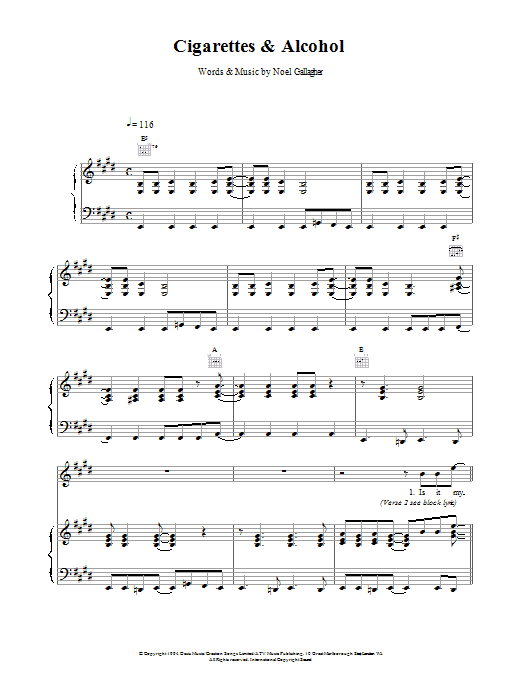 Oasis Cigarettes & Alcohol sheet music notes and chords. Download Printable PDF.