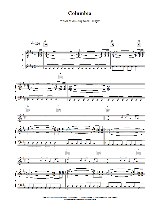 Oasis Columbia sheet music notes and chords. Download Printable PDF.
