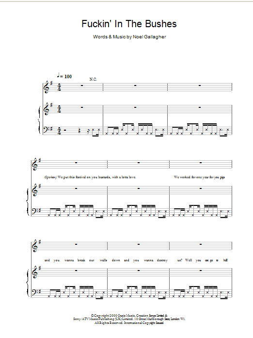 Oasis Fuckin' In The Bushes sheet music notes and chords. Download Printable PDF.