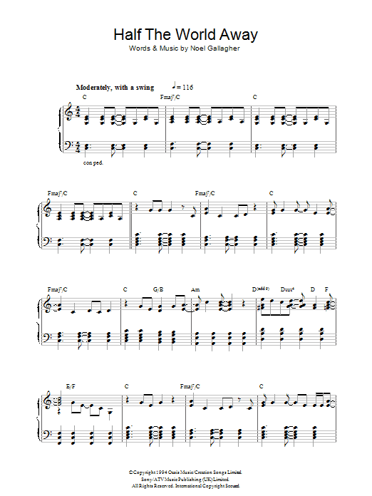Oasis Half The World Away sheet music notes and chords. Download Printable PDF.